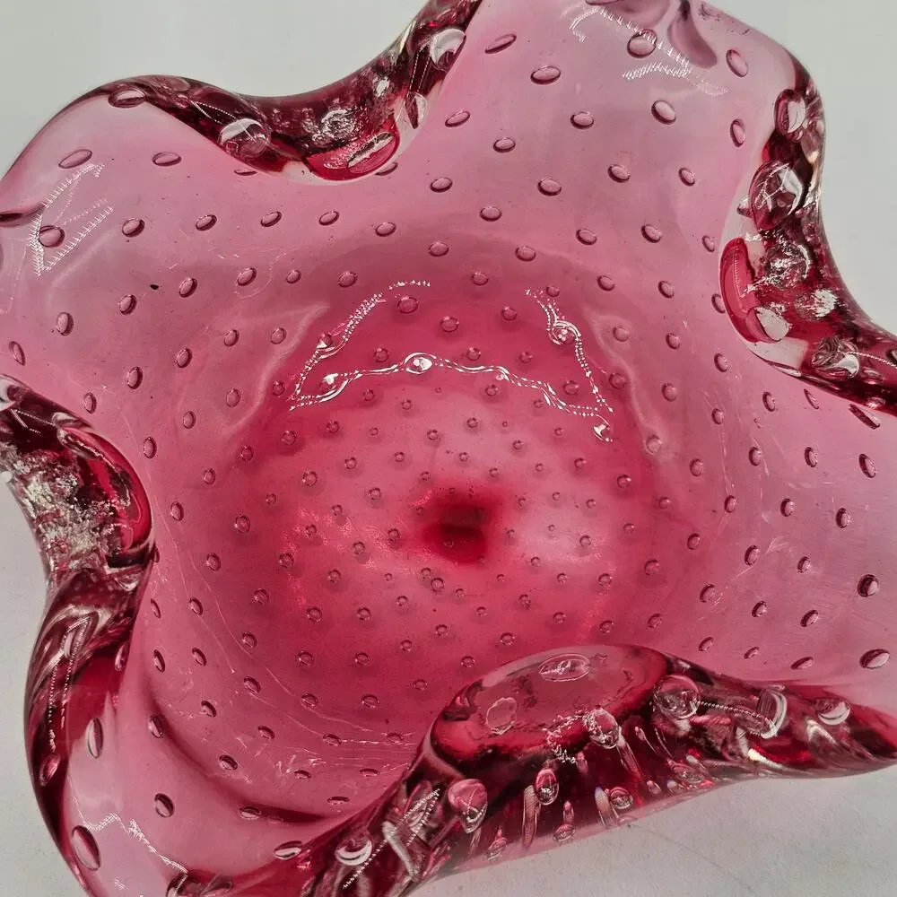 VTG Murano Cranberry Bullicante Art Glass Dish Controlled Bubble Trinket Tray